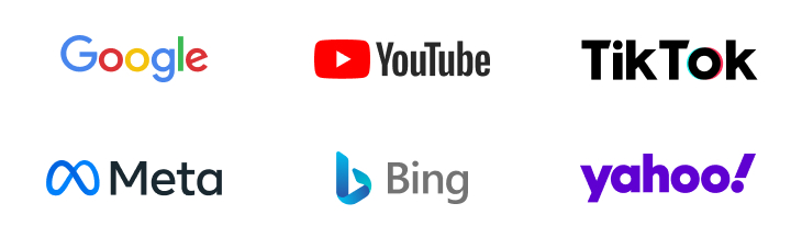 マーケティングチャネル: Google, Youtube, TikTok, Meta, Bing, Yahoo