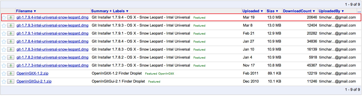 Mac OS X용 git 파일 목록
